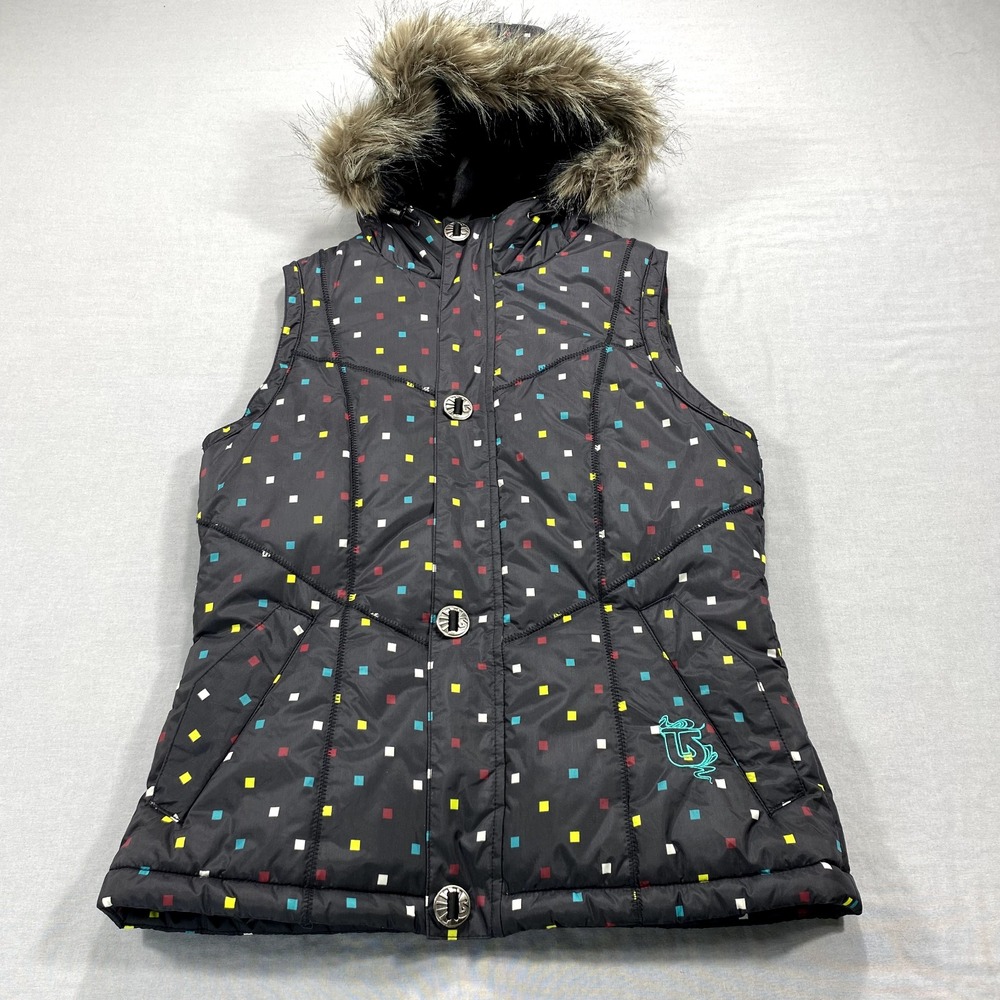 Burton Dry Ride Jacket Womens Small Black Vest Puffer Faux Fur Hood Winter